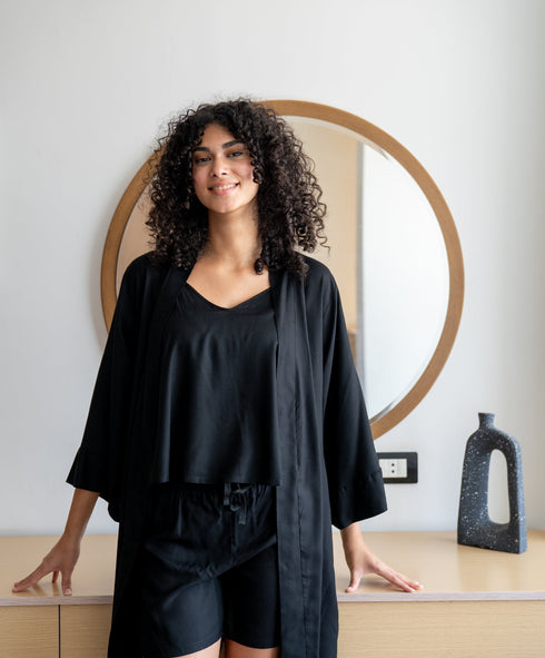 Women summer 3 piece pajama set  Black Top +kimono & short